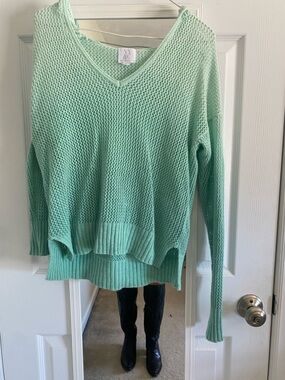 New York & Company Mint V-Neck Open-Knit Sweater